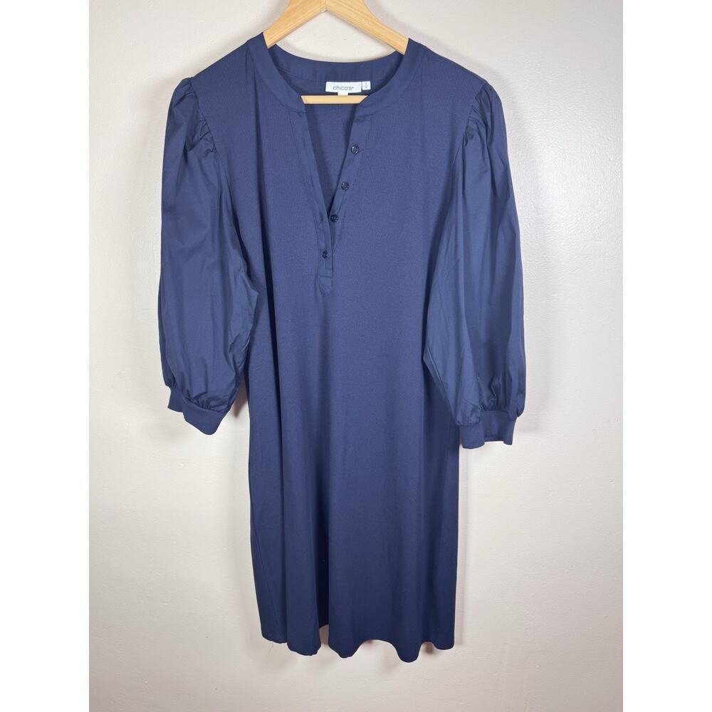 Chico's Womens Midi Dress Ribbed Knit Balloon Sleeves Henley Navy Size 3 US 16